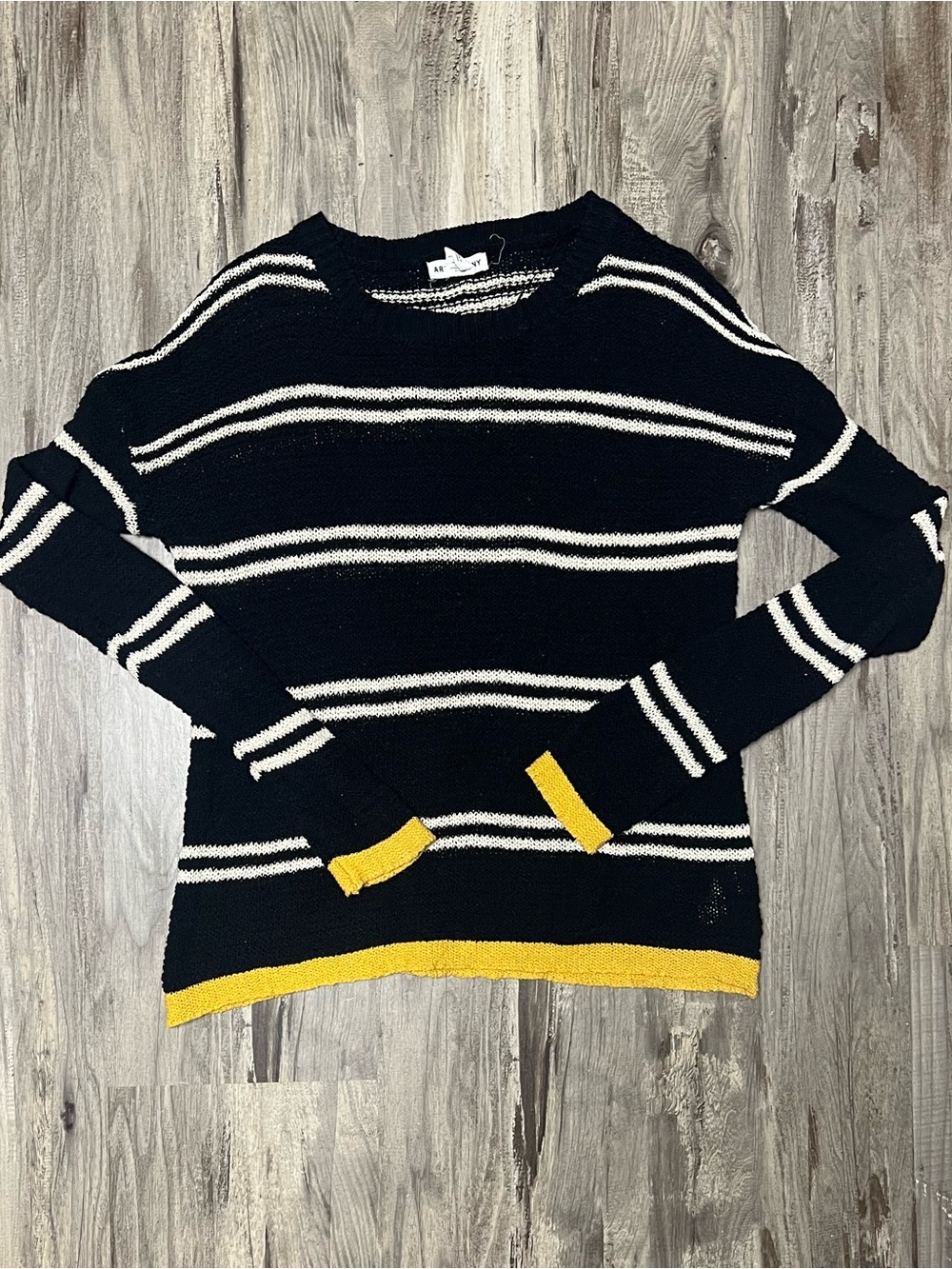 Artisan Ny Black Striped Crewneck Sweater with Yellow Accents